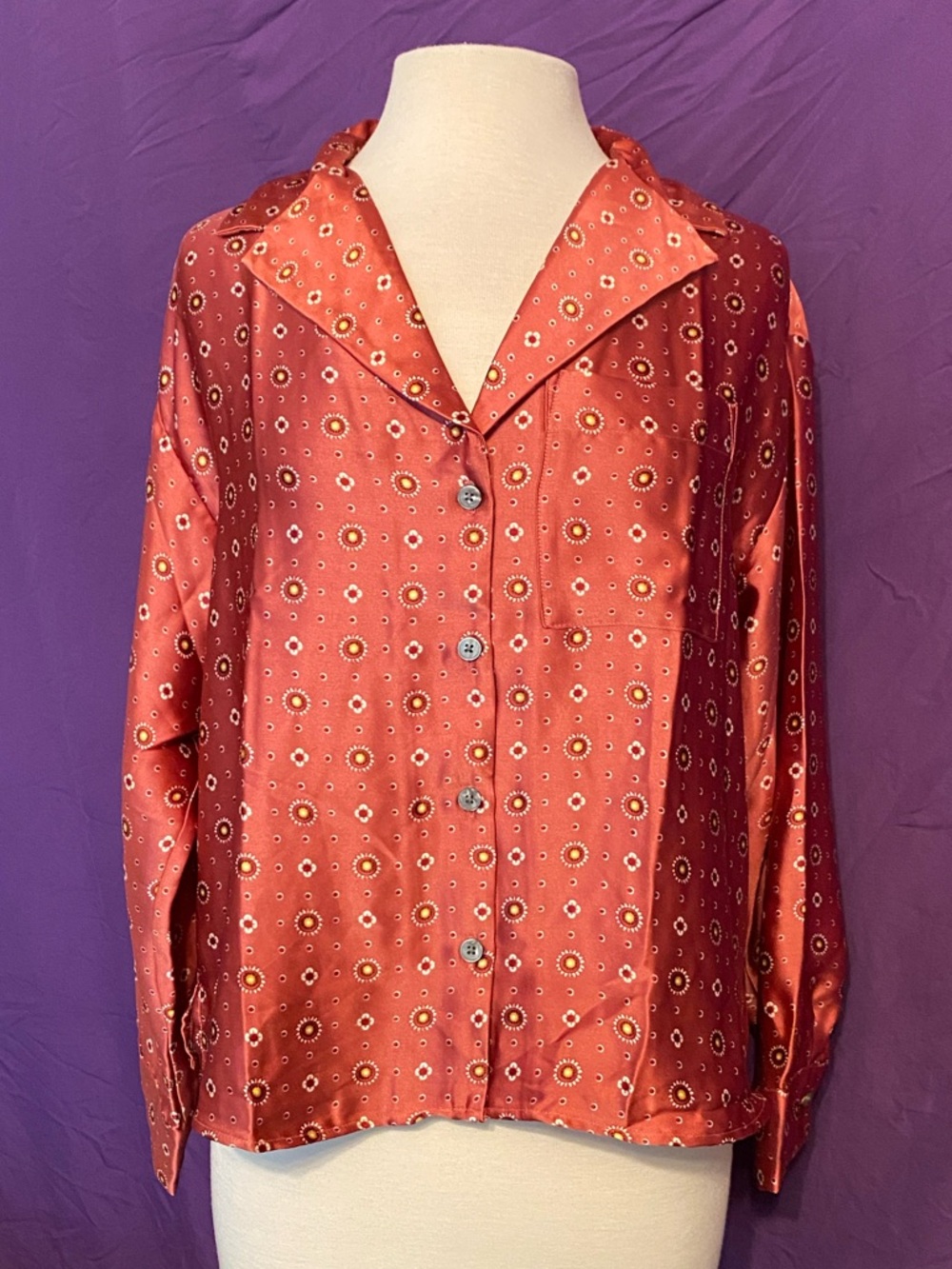 LOFT Rose Rust Satin Button-Down Shirt with Circle Floral Print. Size MP.